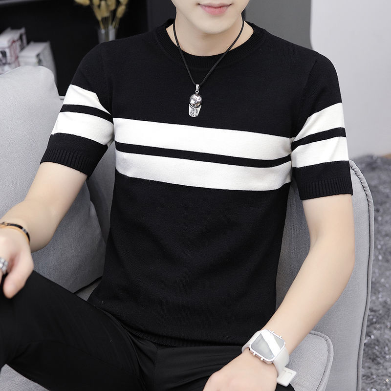 Men's T-Shirts Men's Fashion Stripe Short Sleeve Slim Fit T-shirt Top Autumn Winter Men's Casual O-Neck Knitted Sweater T-shirt B185 23