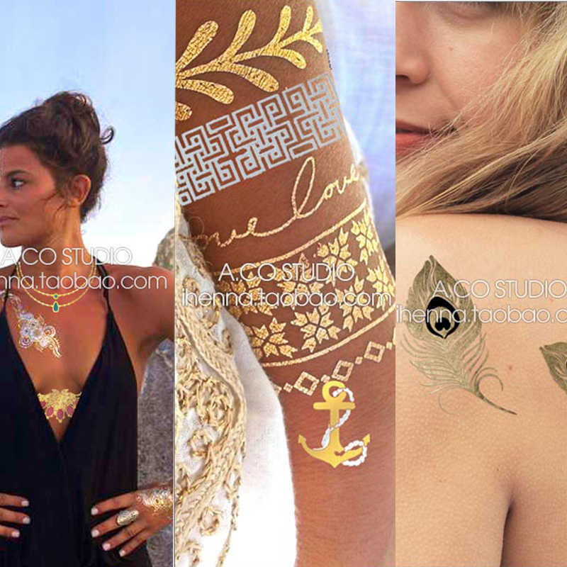 5 PC Temporary Tattoos Hot Flash Metallic Waterproof Temporary Tattoo Gold Silver Tatoo Women Henna Flower Taty Design Tattoo Sticker Z0403