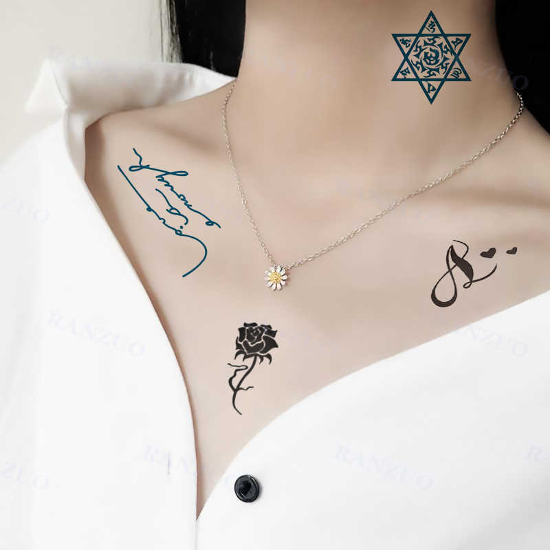 Temporary Tattoos Waterproof Temporary Tattoo Sticker Black English Letters Stars Feathers Waves Men and Women Art Tattoo Chest Neck Arm Tattoo Z0403