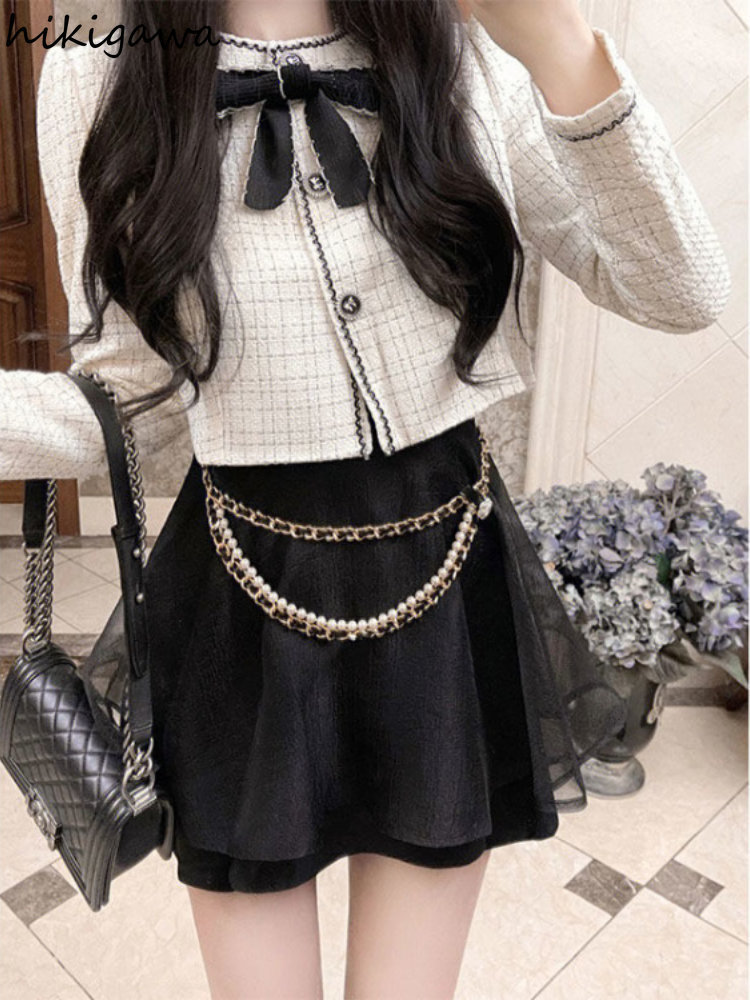 Two Piece Dress Temperament Two Piece Stes Women Ropa Mujer Bow Lang Sleeve Jackets Mini Pleated Skirt Outfits Fashion Sweet Y2k Clothes 230403