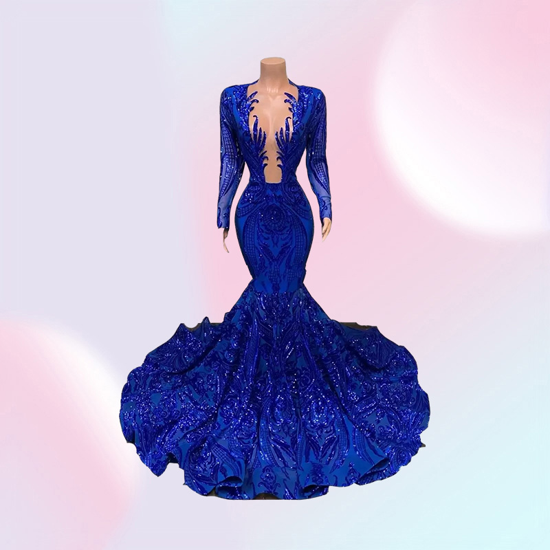 Royal Blue Mermaid Prom Dresses Sparkly Lace Sequins Long Sleeves Black Girls African Celebrity Evening Gown B0408