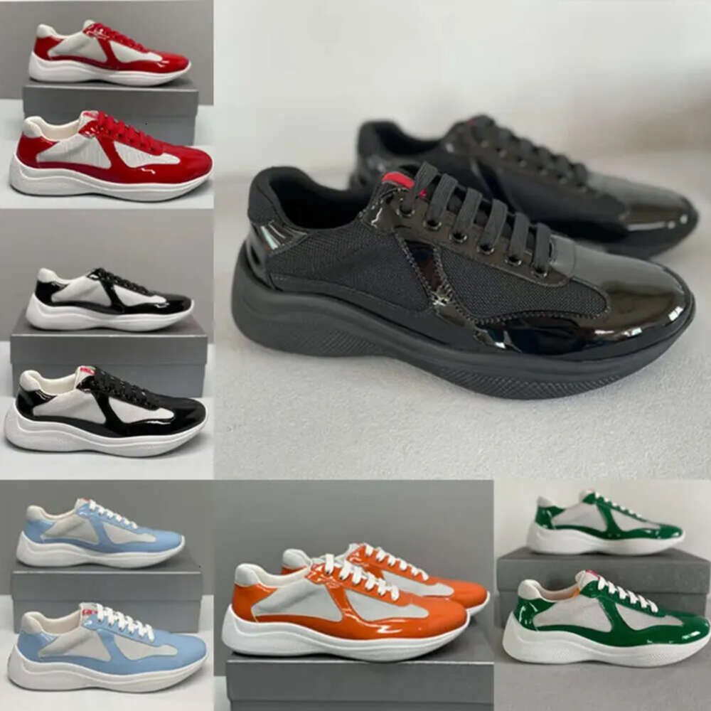 Designer Shoes Men Americas Cup Sneakers Leather Trainer Patent Flat Black Blue Mesh Nylon Casual Shoes With Box NO53