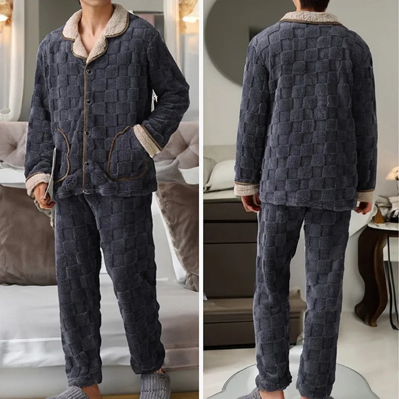 Men's Sleepwear Men Warm Flannel Autumn Winter Pajamas Turndown Collar Longsleeved Trousers Twopiece Set Loose Comfortable Suit 231102Z