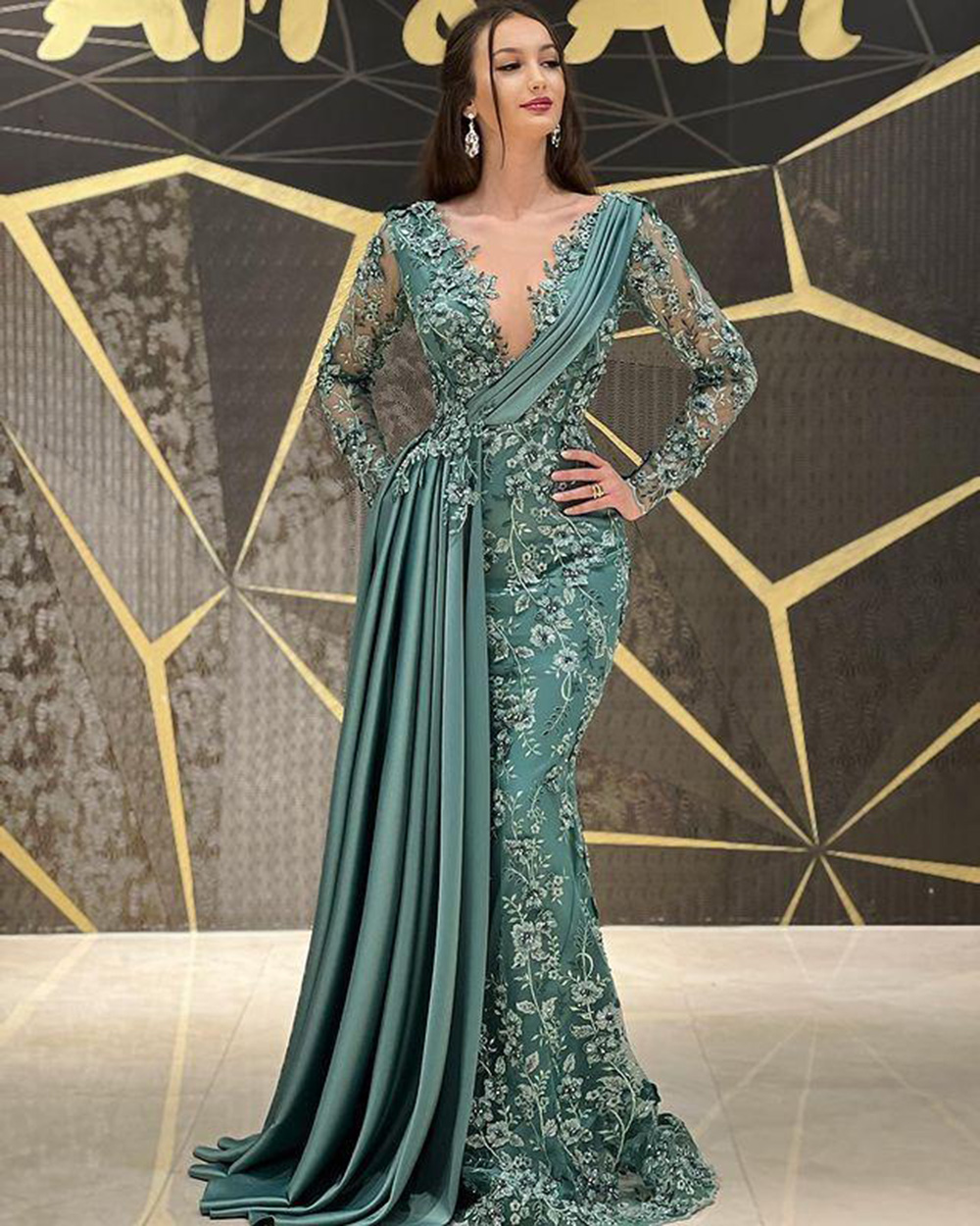 New Mermaid Evening Dresses Formal Prom Party Gown Scoop Long Sleeve Floor-Length Sweep Train Applique Lace long Plus Size Illusion