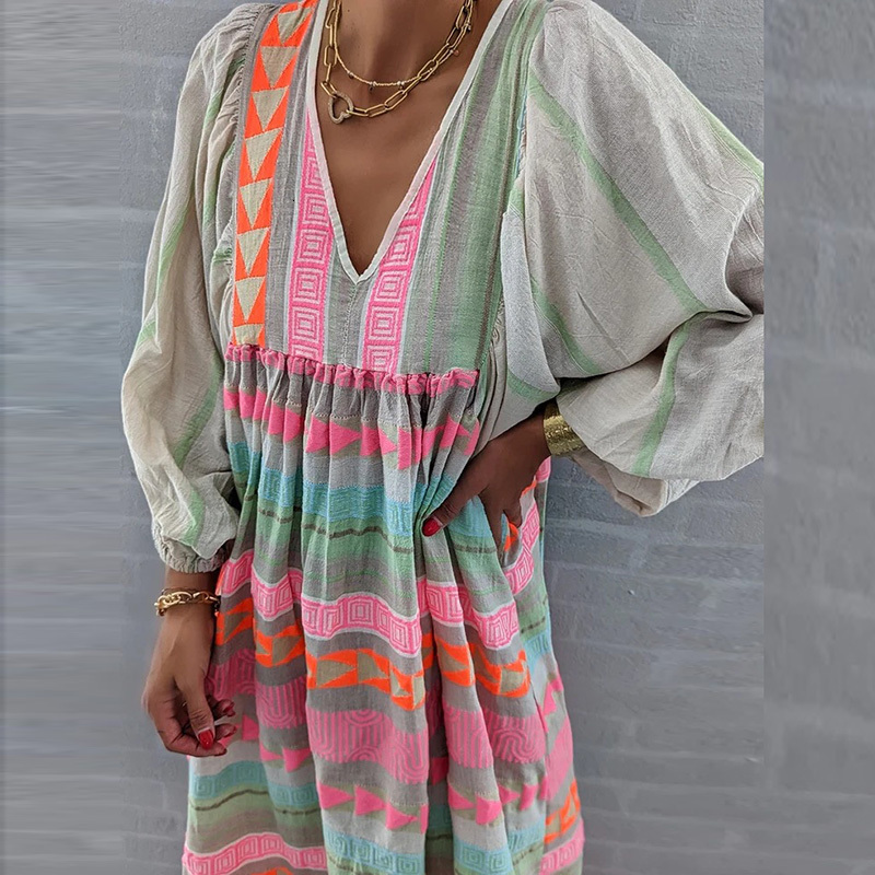 Casual Dresses Women Retro Loose Long Sleeve V-Neck Party Dress Casual Female Beach Maxi Dress Spring Fashion Boho Print High Street Dress 230331