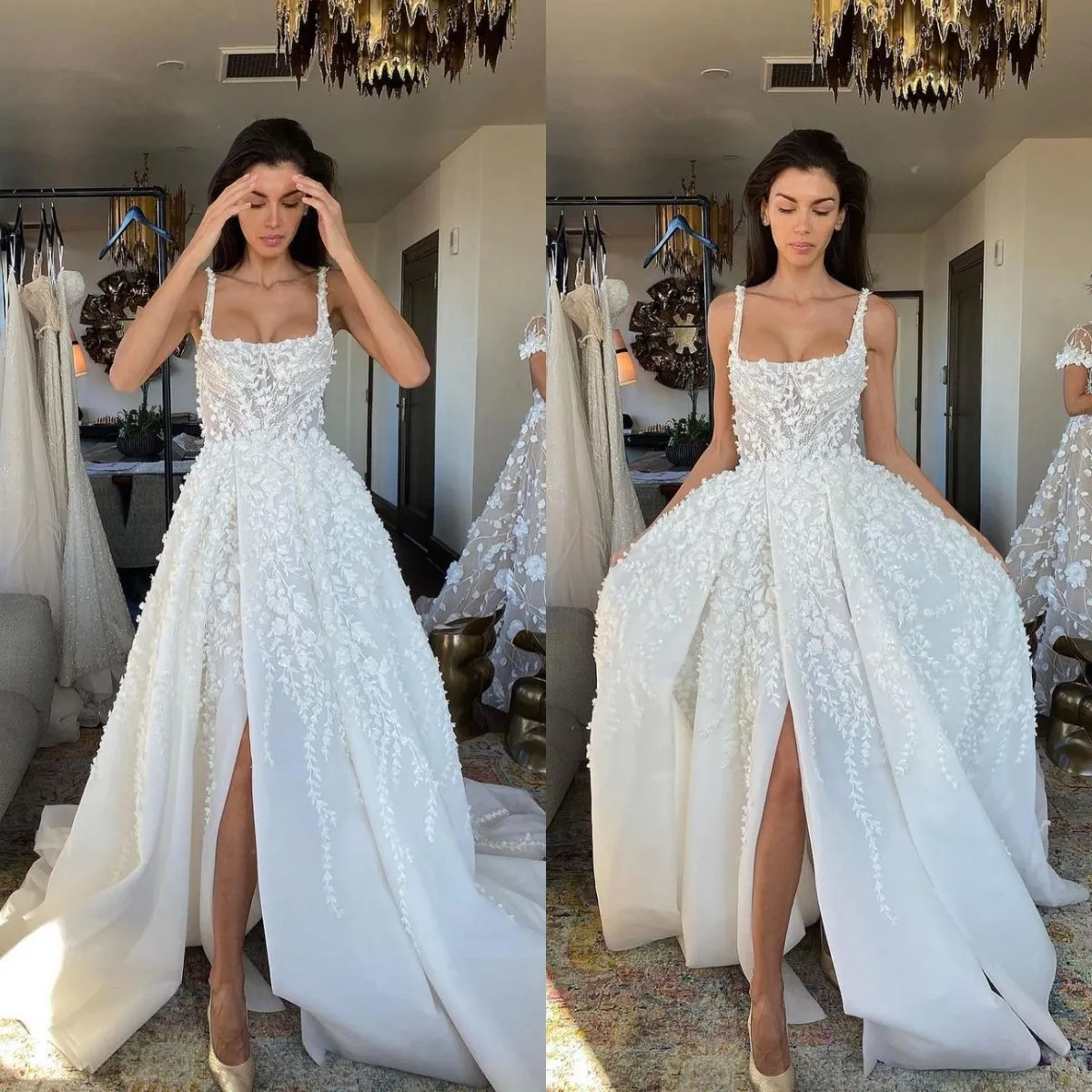 2023 Wedding Dresses Bridal Gown Lace Appplique Straps Front Slit Satin A Line Ruched Sweeptrain Custom Plus Size Country Beach Vestido De Novia