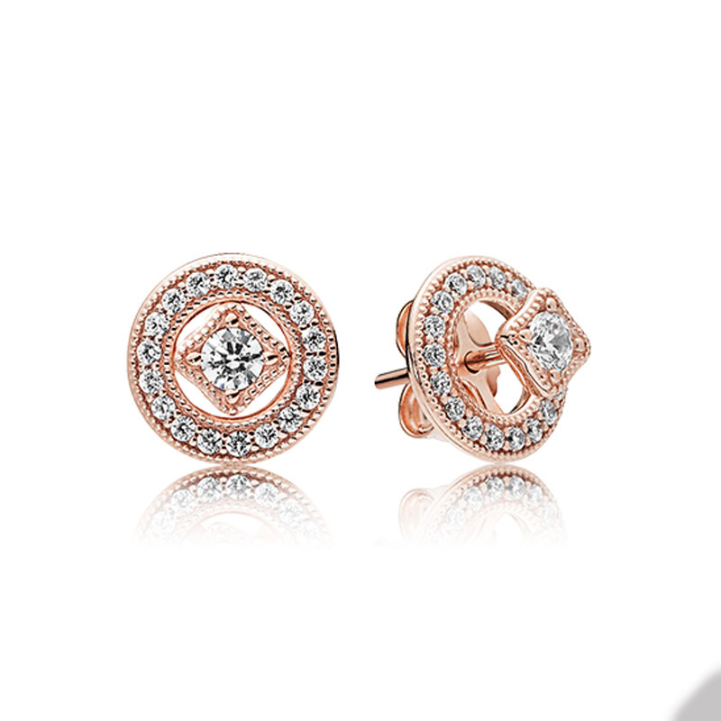 18K Rose Gold Vintage Circle Stud Earrings 925 Sterling Silver Wedding Earring Set Jewelry For Women Girlfriend Gift earrings with Retail Box