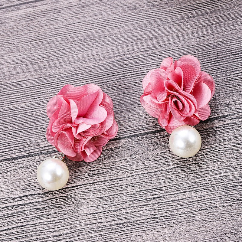 Elegant Colorful Fluffy Fabric Flower Dangle Earrings for Women Trendy Pearl Pendant Earring 2023 Fashion Jewelry Accessories Gift