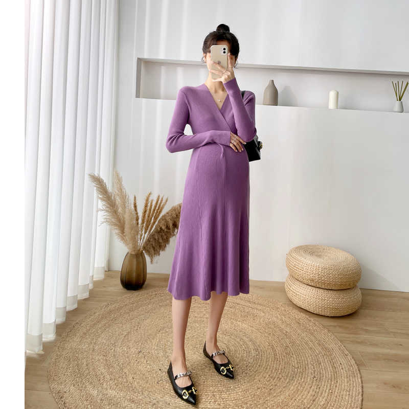 Maternity Dresses 204# Autumn Winter Dense Knitted Maternity Sweaters Dress Elegant V Neck A Line Slim Clothes for Pregnant Women Pregnancy Ins Z0403
