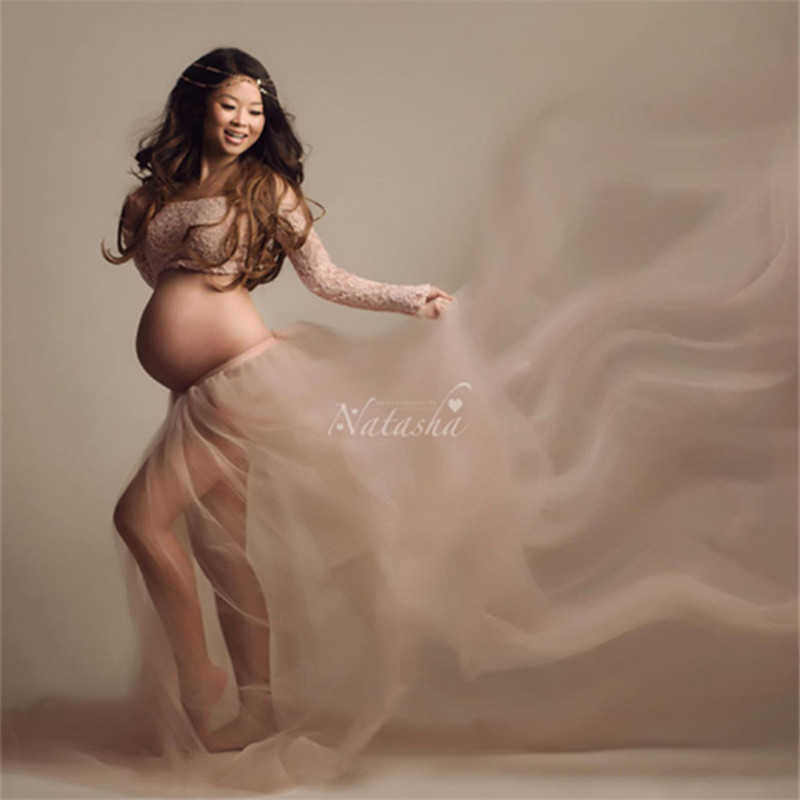 Maternity Dresses Sexy Maternity Photoshoot Dress Woman Lace Tops Tulle Skirt Pregnancy Photography Sets For Pregnant Women Baby Shower Maxi Gown Z040