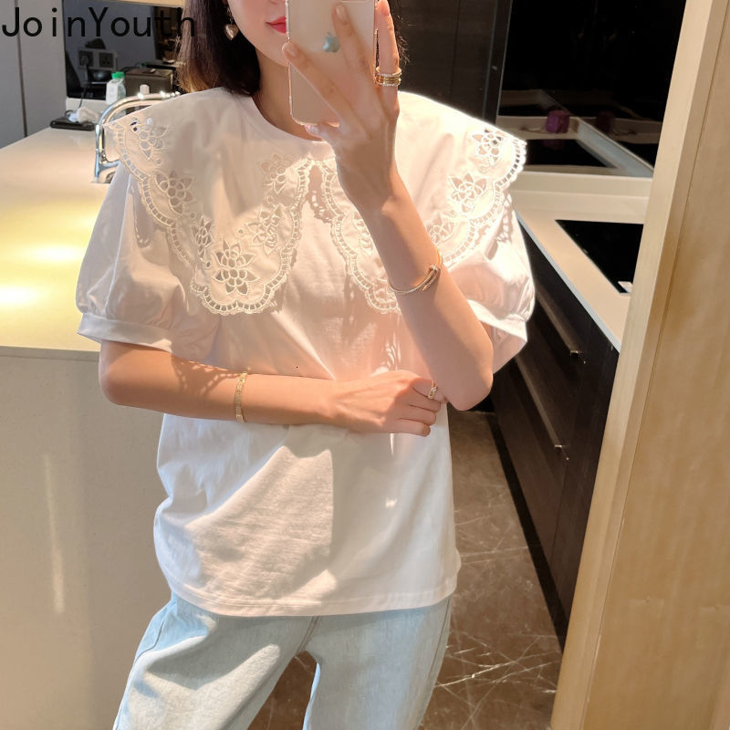 Women's T-Shirt White Shirts for Women Chic Hollow Out Peter Pan Collar Sweet Tshirt Oversized Fashion Loose Tops Y2k Clothes Korean T Shirt 2304