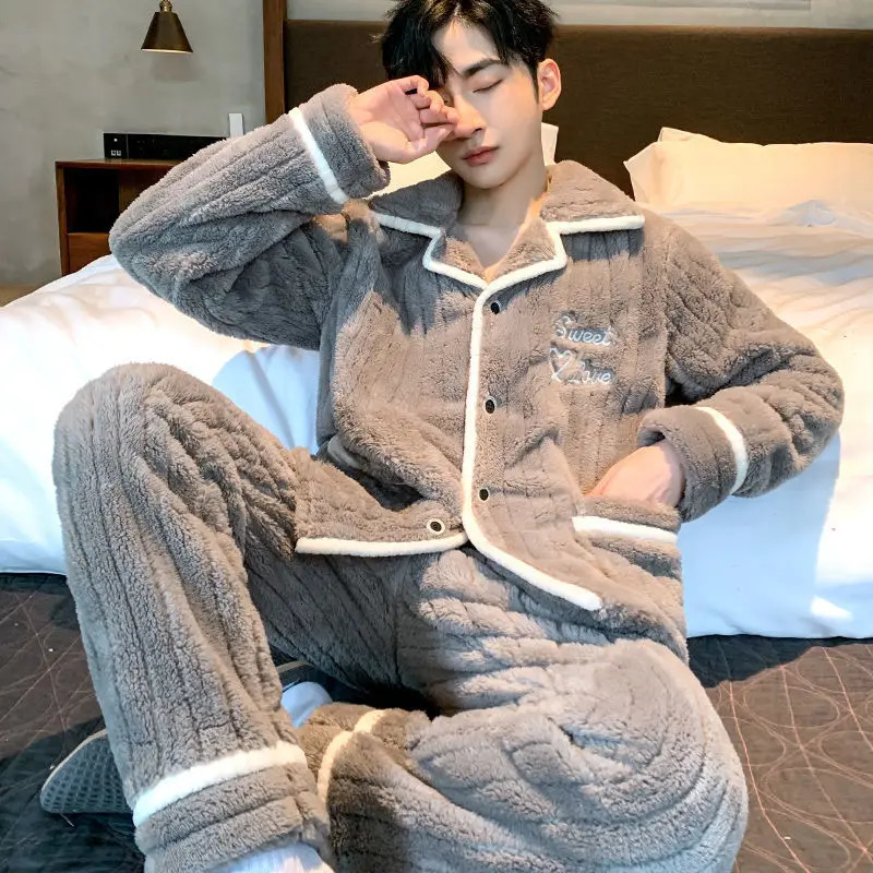 Men's Sleepwear Pajama Man Autumn Winter Warm Pajamas Set Coral Velvet Fleece Hooded Single Breasted Soft Nightwear Home Clothes 231102Z