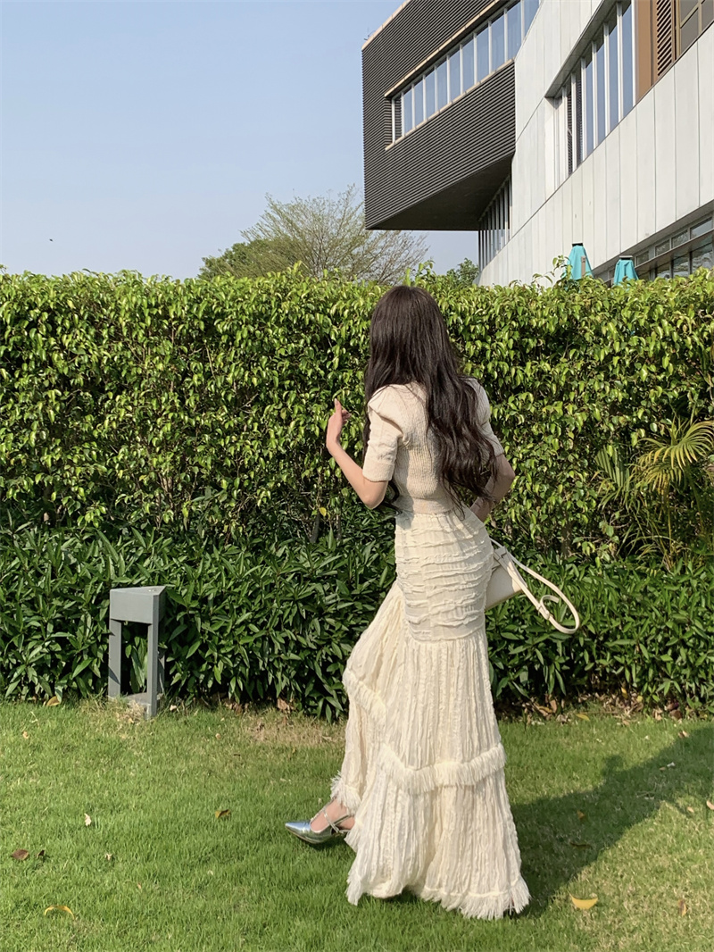 Womens o-neck half short sleeve knitted crop top and elastic waist cake layered lace ball gown skirt 2 piece dress suit SM