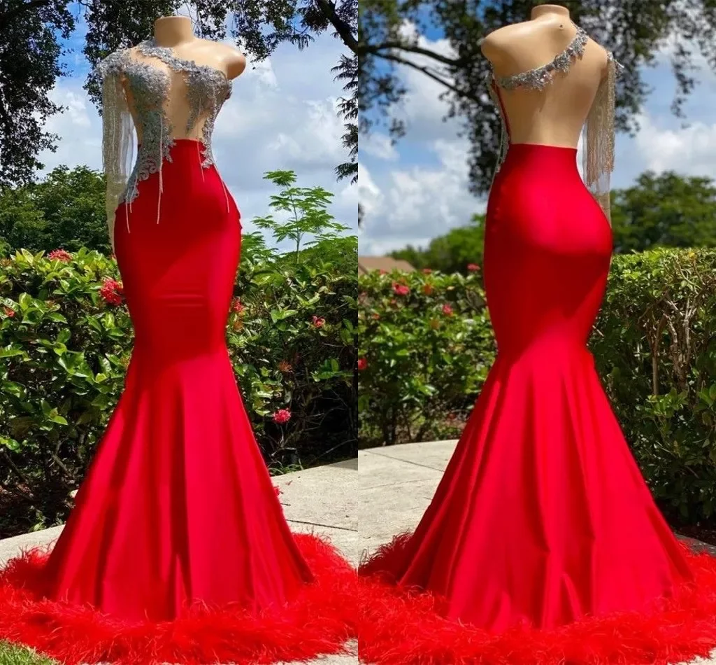 Red Prom Dresses With Tassel Sexy One Shoulder Beads Crystals Feather K Open Back Evening Party Gowns For Teens Graduation Wears Custom Made BC 0927
