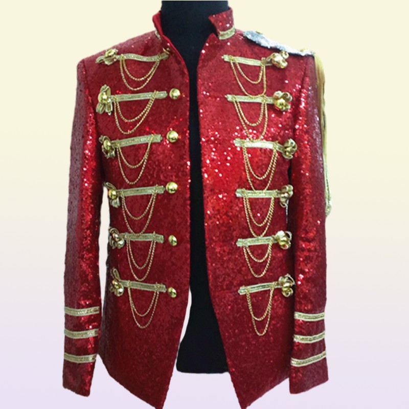 Men Court Jacket Singer Dancer Sequins Metal Chains Military Uniform male Stand Collar Stage Blazer Prom Party Shining Coat Bar Star Concert Nightcb C