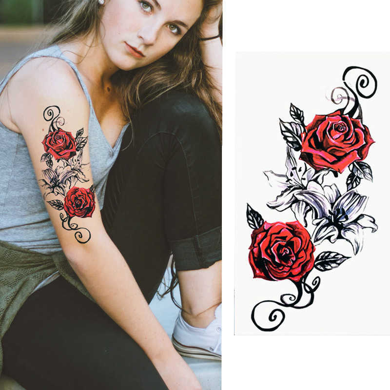 Temporary Tattoos 1 Pieces Compass Arrows Hot Black White Large Flower Henna Temporary Tattoo Black Mehndi Style Waterproof Tattoo Sticker Z0403