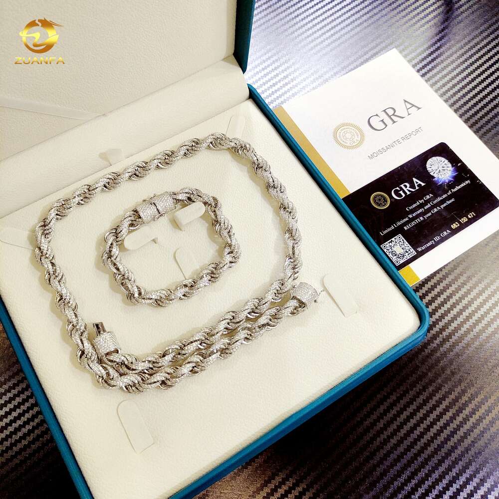 Zuanfa big size chain fashion sier jewelry 10mm vvs moissanite rope bracelet necklace for men and women