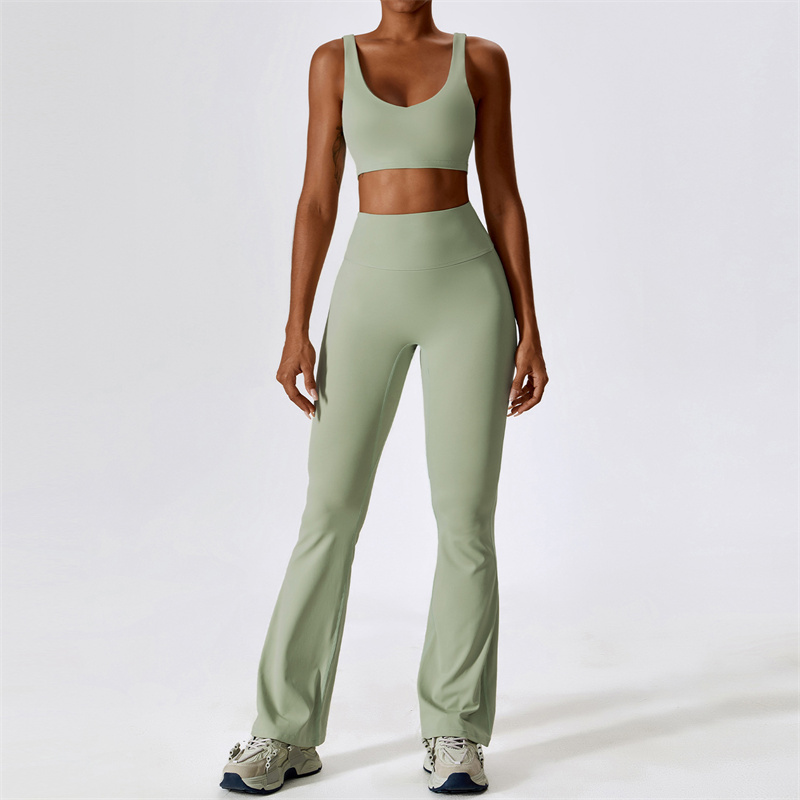 8232 Womens Yoga Outfit Yoga Sets Vest Sleeveless Tops Pants Bell-bottom Trousers Excerise Sport Gym Running Long Pant Elastic High Waist Sportwear