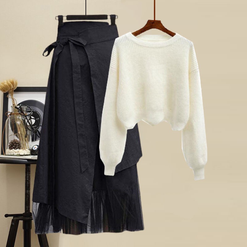 Two Piece Dress Women Winter Patchwork Long Sleeve Knitted Tops Asymmetric Skirt 2 Piece Suit Female Party Elegant Two Piece Set 230403