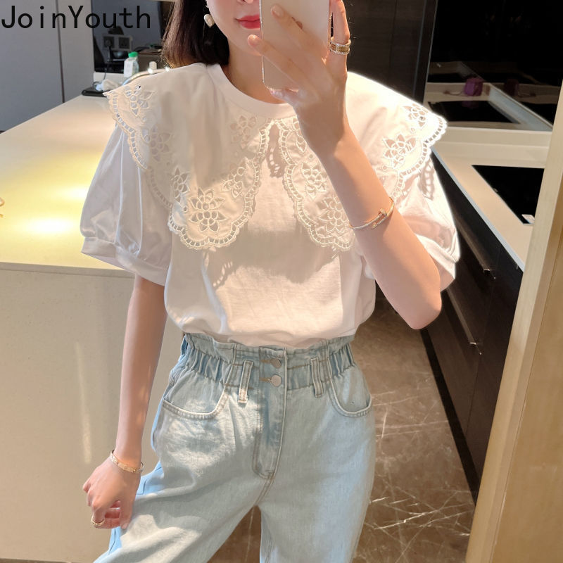 Women's T-Shirt White Shirts for Women Chic Hollow Out Peter Pan Collar Sweet Tshirt Oversized Fashion Loose Tops Y2k Clothes Korean T Shirt 2304