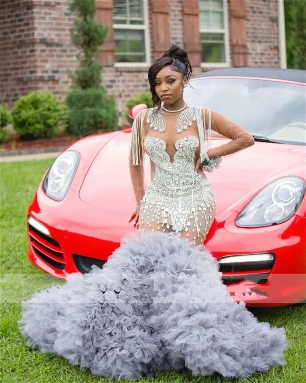 Grey Tulle Ruched Train Sier Tassl Crystal Prom Dresses For Black Girl Graduation Gown Mermiad Party Dress 322