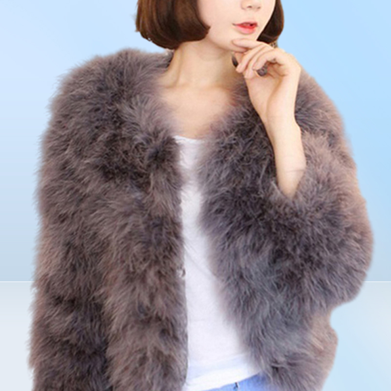 Luxury Warm Ladies Coat Ostrich Hair Fur Coat Women Short Turkey Feather Jacket Winter Long Sleeve Overcoat WhiteBlackBlue