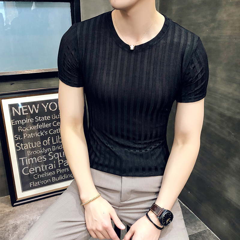 Men's T-Shirts Summer Men's T-Shirt Korea Ultra Thin Fashion Round Neck Half Sleeve Solid Bottom Striped T-Shirt 230403
