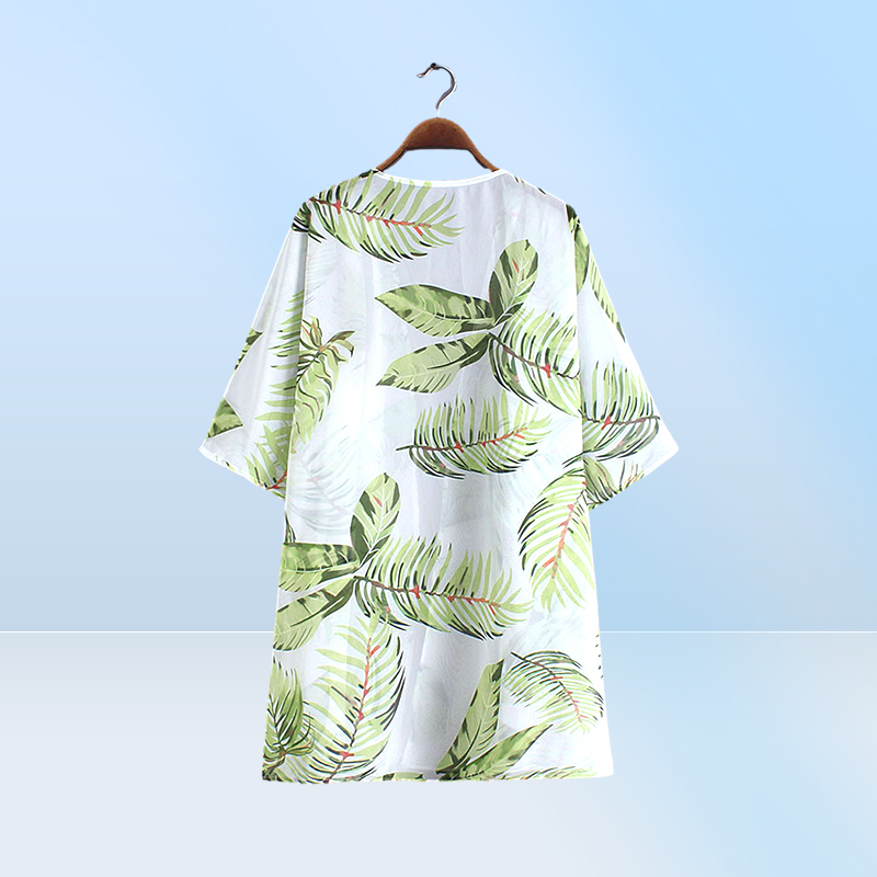 Casual Leaves Print Chiffon Kaftan Beach Cover Up Cardigan Shawl Swimwear Women Summer Swimsuit Pareos Cape Saida De Praia3858705