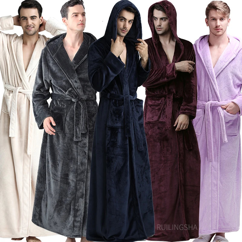 Men's Robes Men Winter Long Hooded Flannel Bathrobe Plus Size Thick Coral Fleece Bath Lovers Cozy Dressing Gown Sleepwear 231102Z