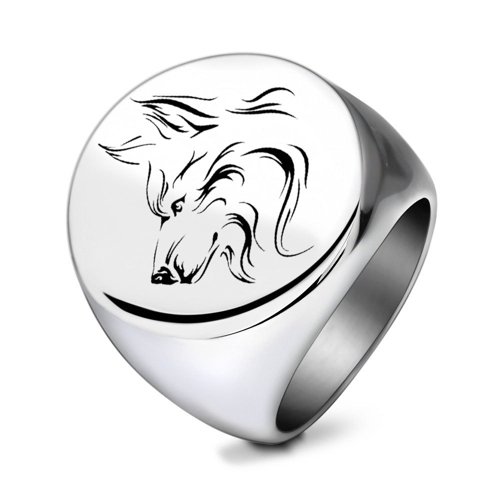 New Titanium Stainless Steel Round Finger Band Ring Pentagram Snake Foot Print Wolf Silver Gold Color Rings for Men Hip Hop Punk Rock Birthday Gift Wh