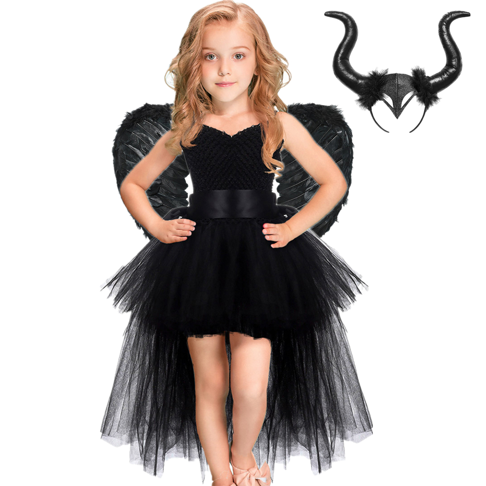 Cosplay Girls Black Devil Unicorn Tutu Dress V-Neck Train Fallen Dark Angel Fancy Party Dress Carnival Halloween Costume for Kids 1-14Y 230403