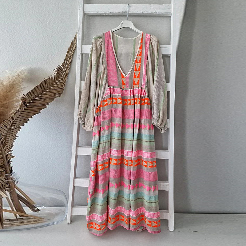 Casual Dresses Women Retro Loose Long Sleeve V-Neck Party Dress Casual Female Beach Maxi Dress Spring Fashion Boho Print High Street Dress 230331