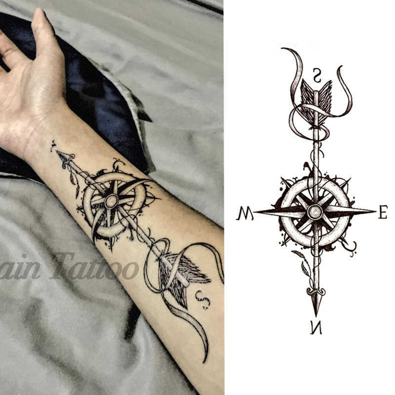 Temporary Tattoos 1 Pieces Compass Arrows Hot Black White Large Flower Henna Temporary Tattoo Black Mehndi Style Waterproof Tattoo Sticker Z0403