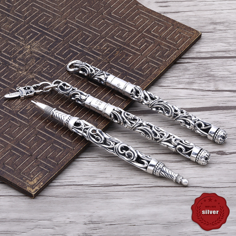 G14 S925 Sterling Silver Carved Signature Pen All Silver Ballpoint Pen Business Gift Personalized Fashion Punk Hip Hop Style Jewelry Cross Flower Lett