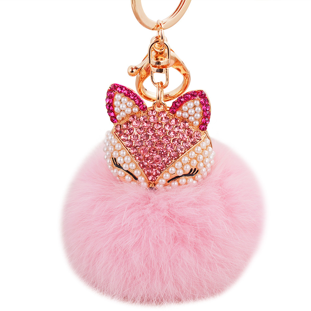 18Color Cute Bling Rhinestone Keychains Fox Real Rabbit Fur Ball y Keychain Car Key Chain Ring Pendant For Bag Charm