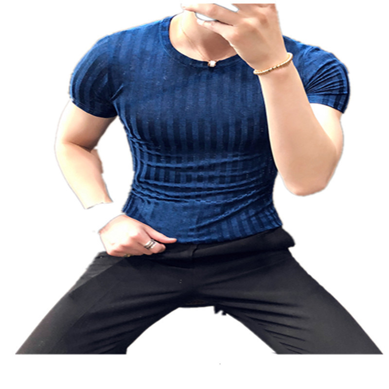 Men's T-Shirts Summer Men's T-Shirt Korea Ultra Thin Fashion Round Neck Half Sleeve Solid Bottom Striped T-Shirt 230403