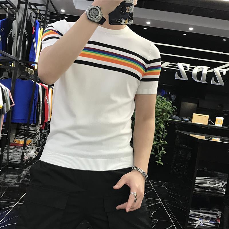 Men's T-Shirts Summer Men's Elastic T-shirt Patch Work Color Stripe Knitted T-shirt Men's Short Sleeve O-Neck Casual T-shirt 230403