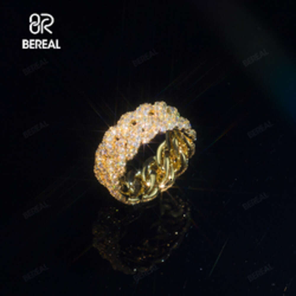 Pass Diamond Tester Cuban Chain Style 14K Solid Gold Moissanite Hip Hop Ring Iced Out Round Brilliant Cut Vvs Diamond Band