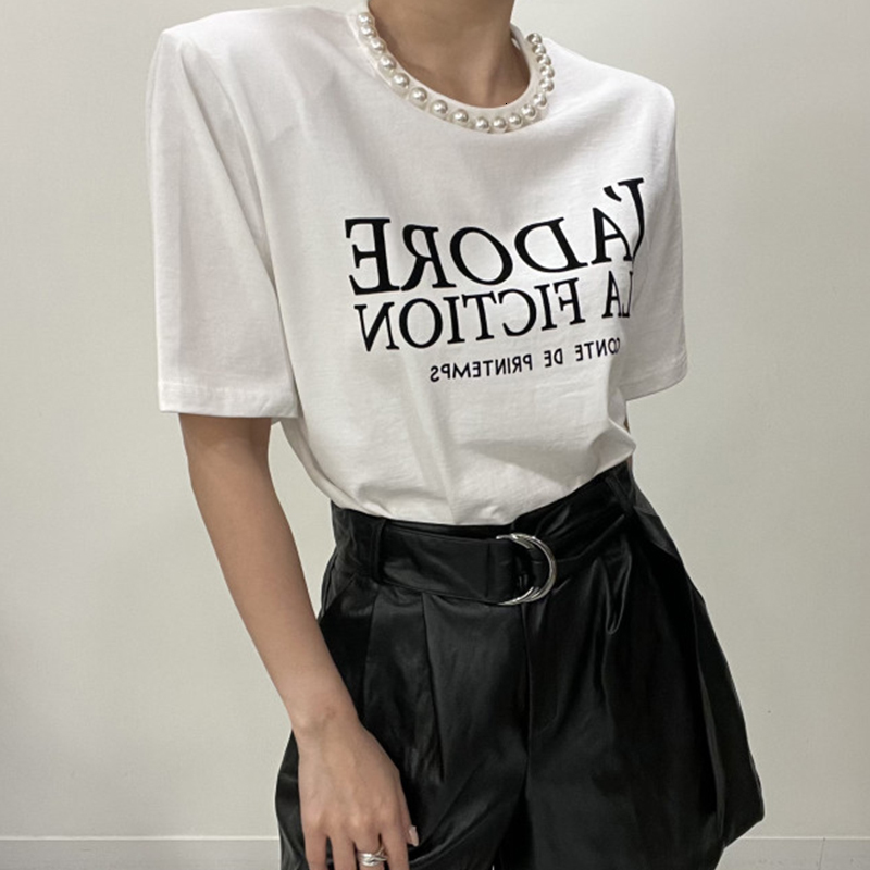 Women's T-Shirt Komiyama Patchwork Pearl Y2k Clothes Korean Chic Letter Print Tops Women Short Sleeve T Shirt Summer Shoulder Pad Tees 230403