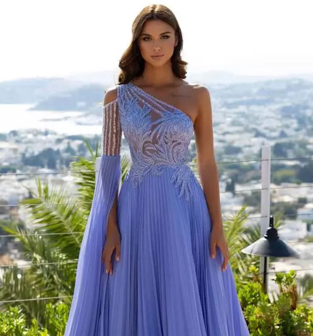 One-Shoulder Evening Dresses Formal Prom Party Gown A Line Long Sleeve Floor-Length Sweep Train Beaded Crystal Applique Lace Chiffon Gown