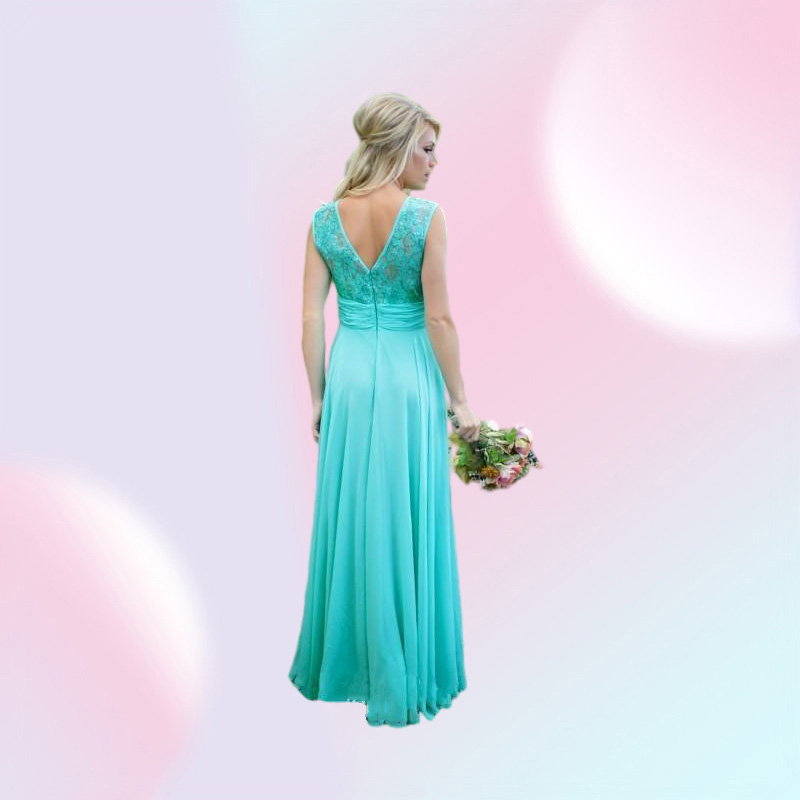 New Teal Country Bridesmaid Dresses Scoop A Line Chiffon Lace V Backless Long Cheap Bridesmaids Dresses for Wedding BA1513