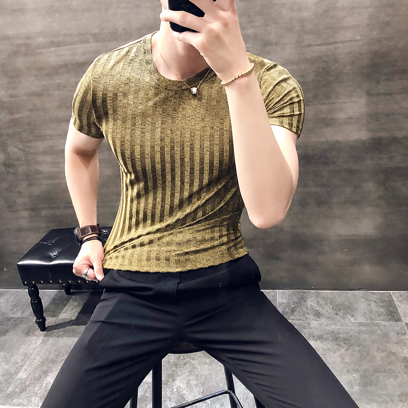 Men's T-Shirts Summer Men's T-Shirt Korea Ultra Thin Fashion Round Neck Half Sleeve Solid Bottom Striped T-Shirt 230403