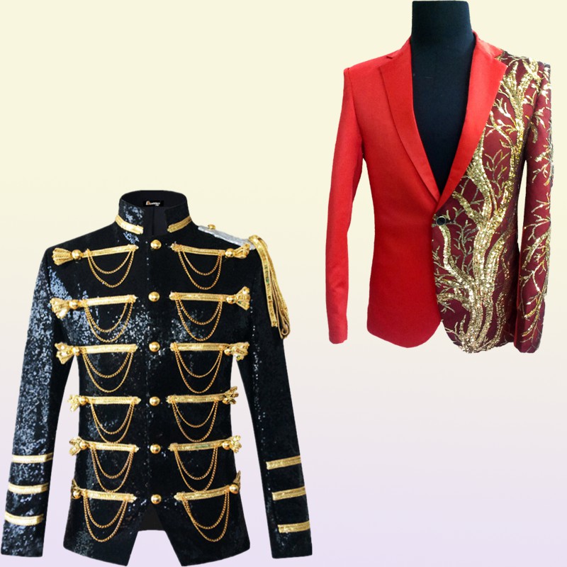 Men Court Jacket Singer Dancer Sequins Metal Chains Military Uniform male Stand Collar Stage Blazer Prom Party Shining Coat Bar Star Concert Nightcb Costumes