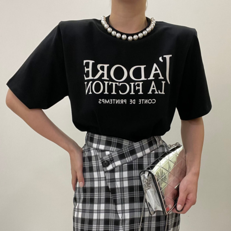 Women's T-Shirt Komiyama Patchwork Pearl Y2k Clothes Korean Chic Letter Print Tops Women Short Sleeve T Shirt Summer Shoulder Pad Tees 230403