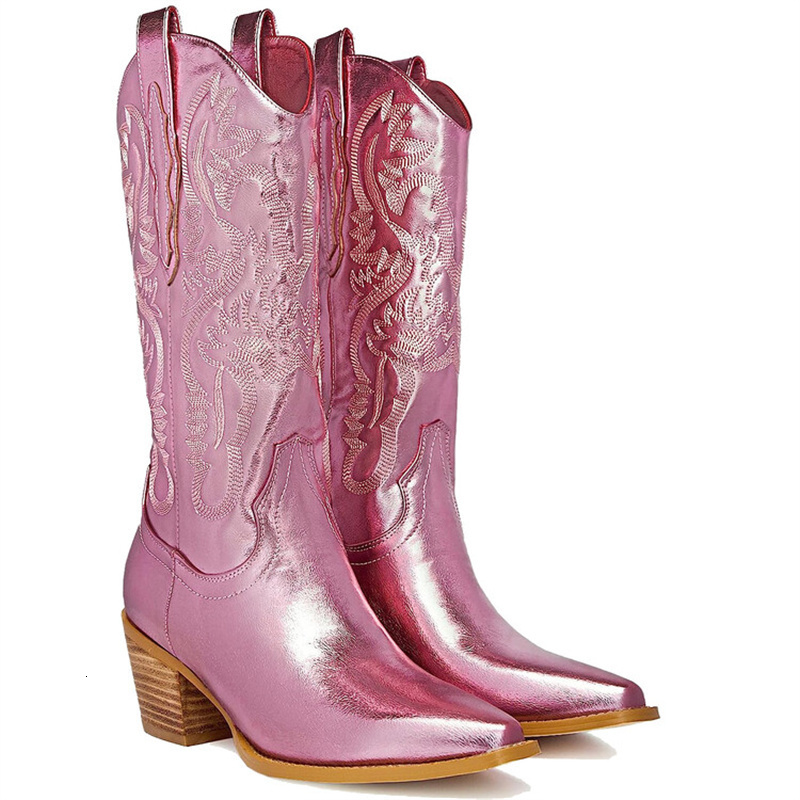 Boots Metallic Cowboy Boots Woman Western Boots For Women High Boots Zip Embroidered Pointed Toe Low Heel Female Shoes Big Size 35-43 230403