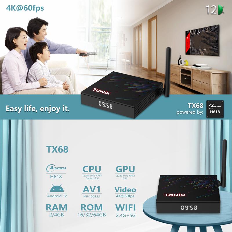 Tanix TX68 4G 64GB TV BOX Android 12 Smart Android TVBOX Allwinner H618 Dual Band Wifi6 3D 4K BT 6K Media Player Set Top Box