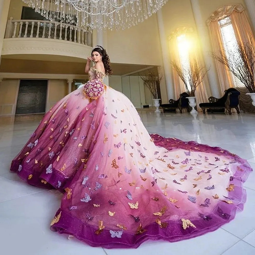 3D Colorful Butterfly Quinceanera Dresses Ball Gown 2024 Off The Shoulder Lace Sweet 16 Vestidos De 15 Anos 0212D