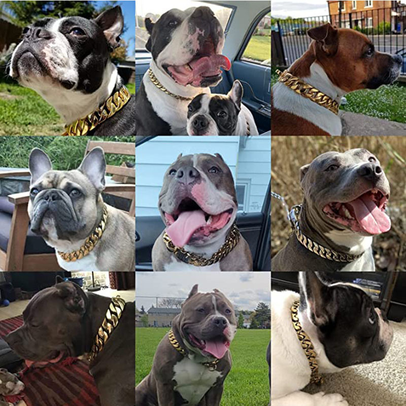 Dog Collars Leashes Strong Golden Choker Pets s Cuban Link Chain 32mm Width Stainless Steel for Medium Large Bulldog Usage 230403