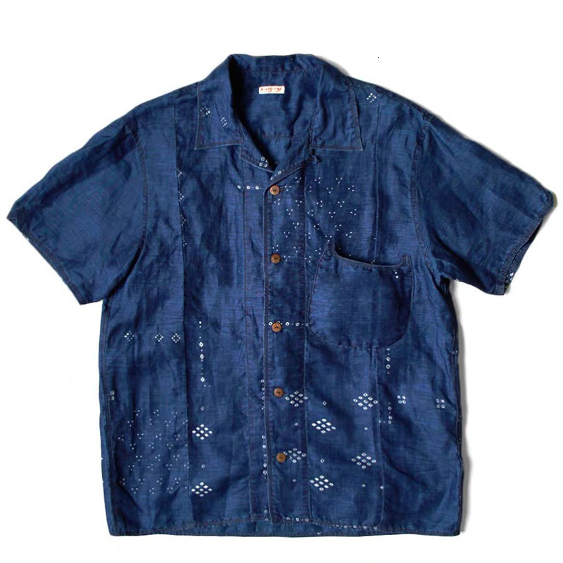 Men's Casual Shirts KAPITAL Hirata Hohiro Blue Dyed High Quality Denim Cotton Print Stitched Women and Men Japan Vintage Loose Short Sleeved Shir