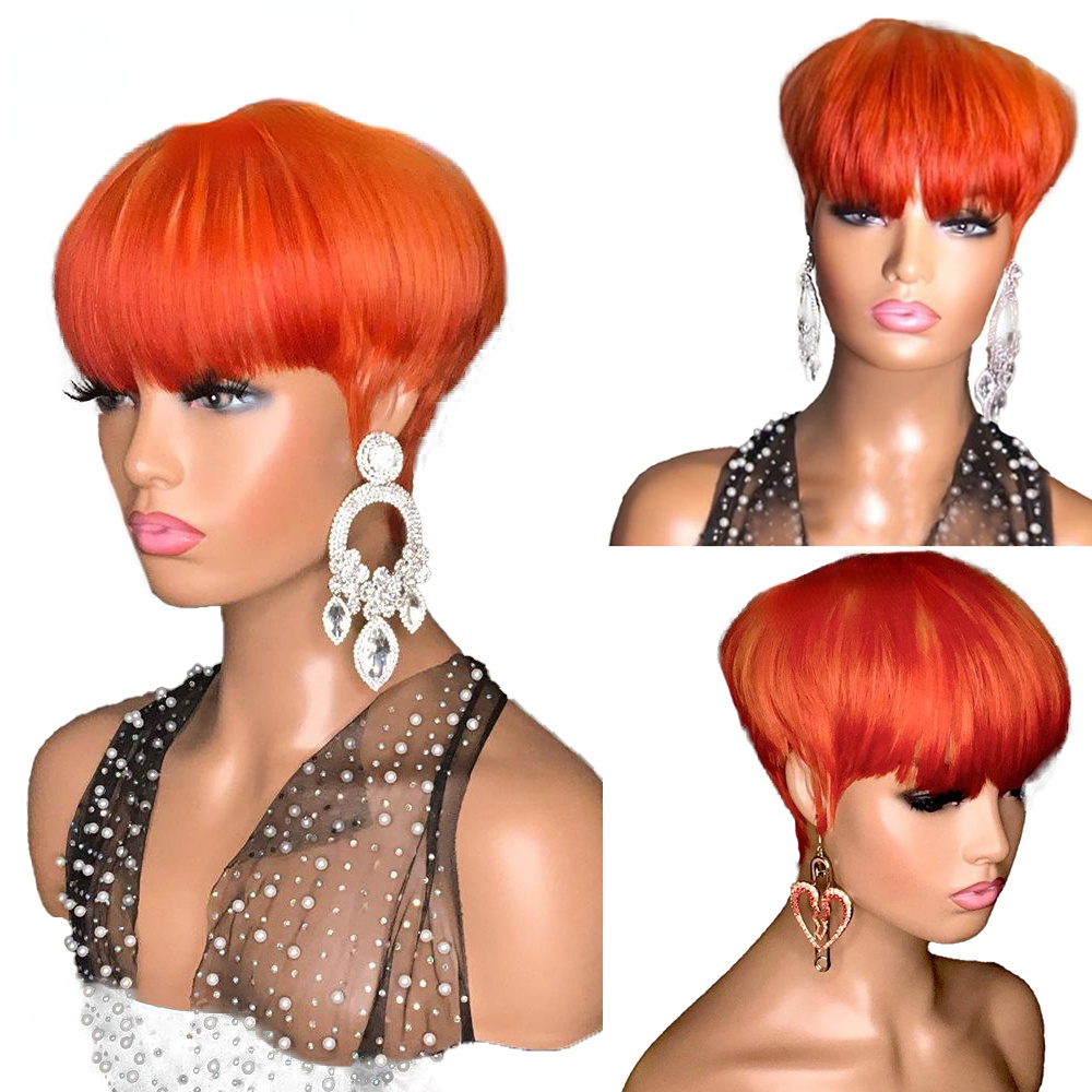 100% Human Hair Pixie Short Cut Bob Wig with Bangs Brazilian Straight Full Lace Front Orange Wig for Black Women
